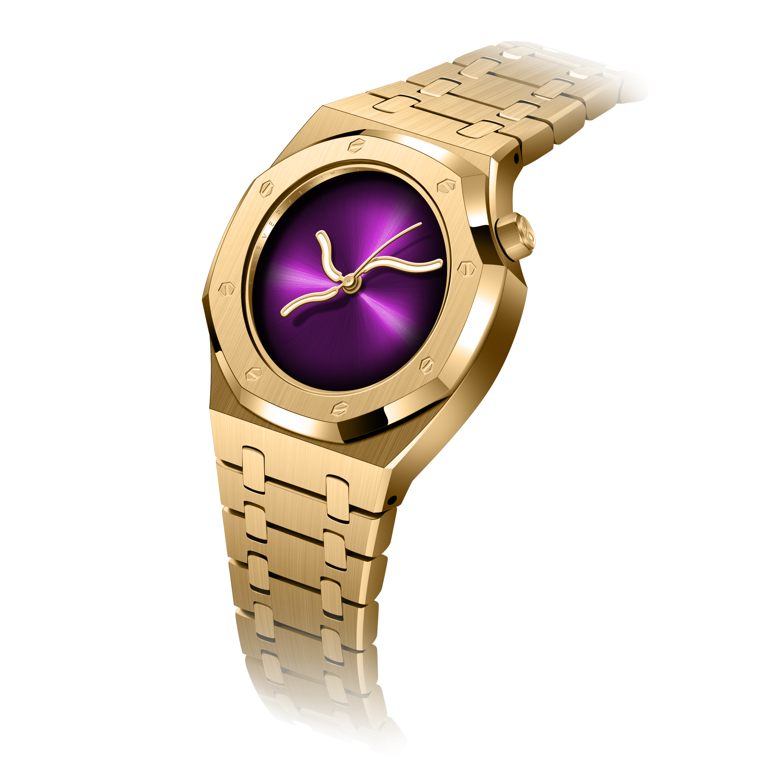 Purple and gold fashion watch with sculptural Curve Oak silhouette