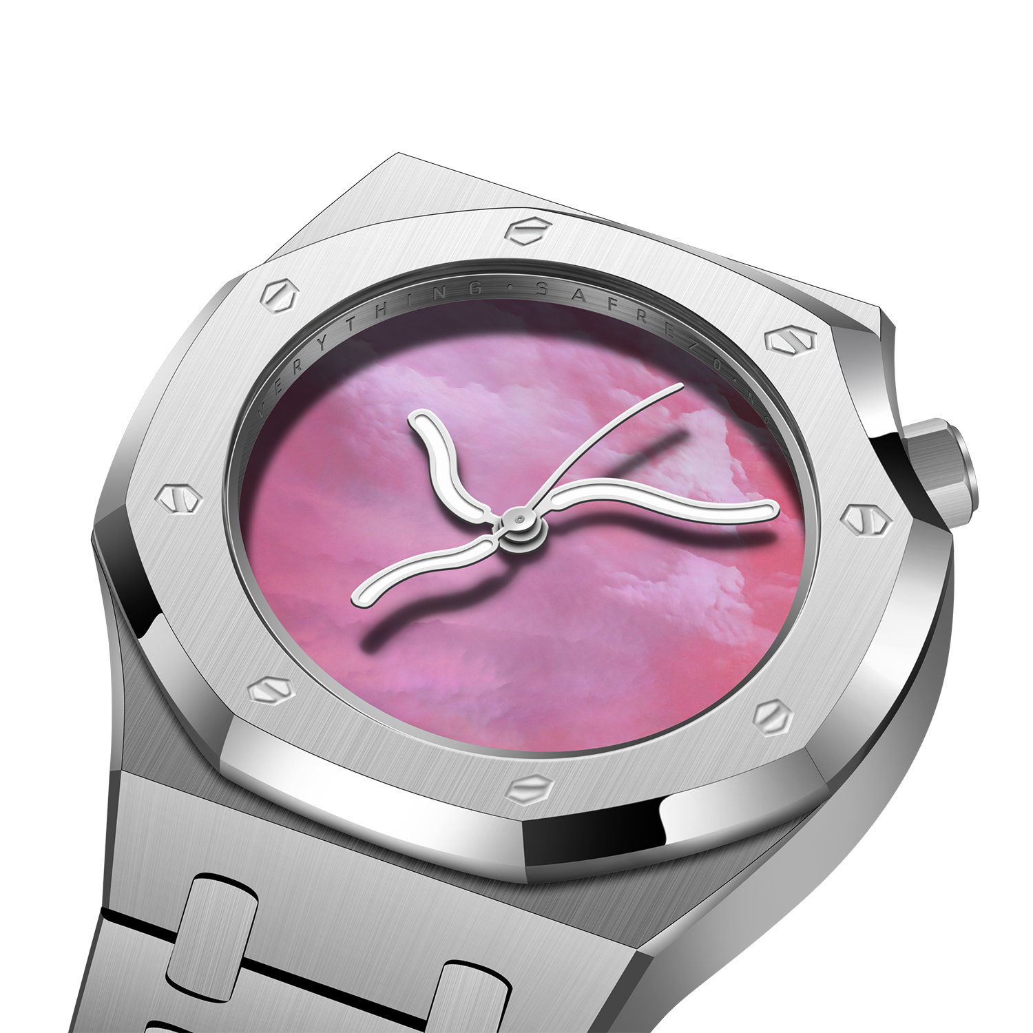 Pink iridescent mother-of-pearl watch dial close-up