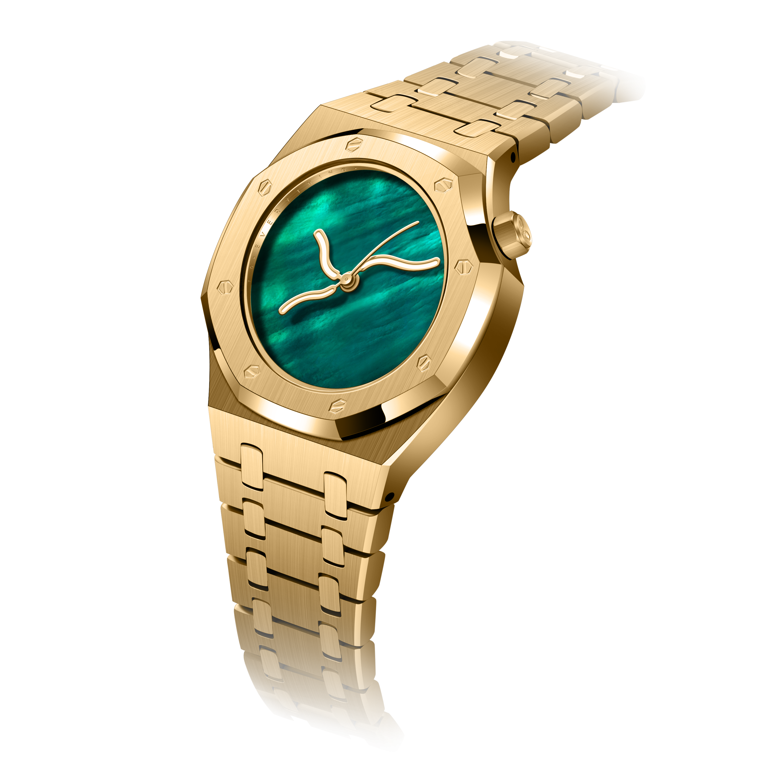 Waveglow natural mother-of-pearl dial in green and teal tones side view