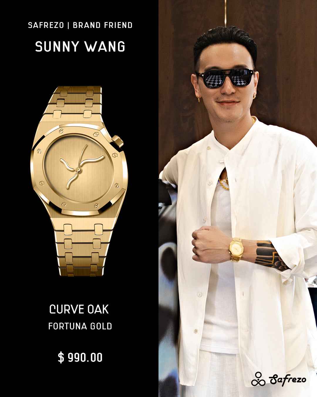 Safrezo Curve Oak Fortuna Gold worn on wrist – men's sculptural gold bracelet watch